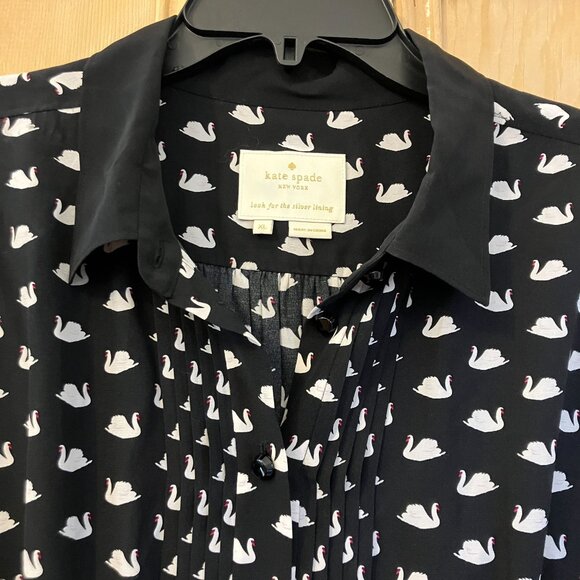 Kate Spade Womens Swan Print Silk Blend Shirtdress Dress Size XL Black SP EXC - Picture 6 of 12